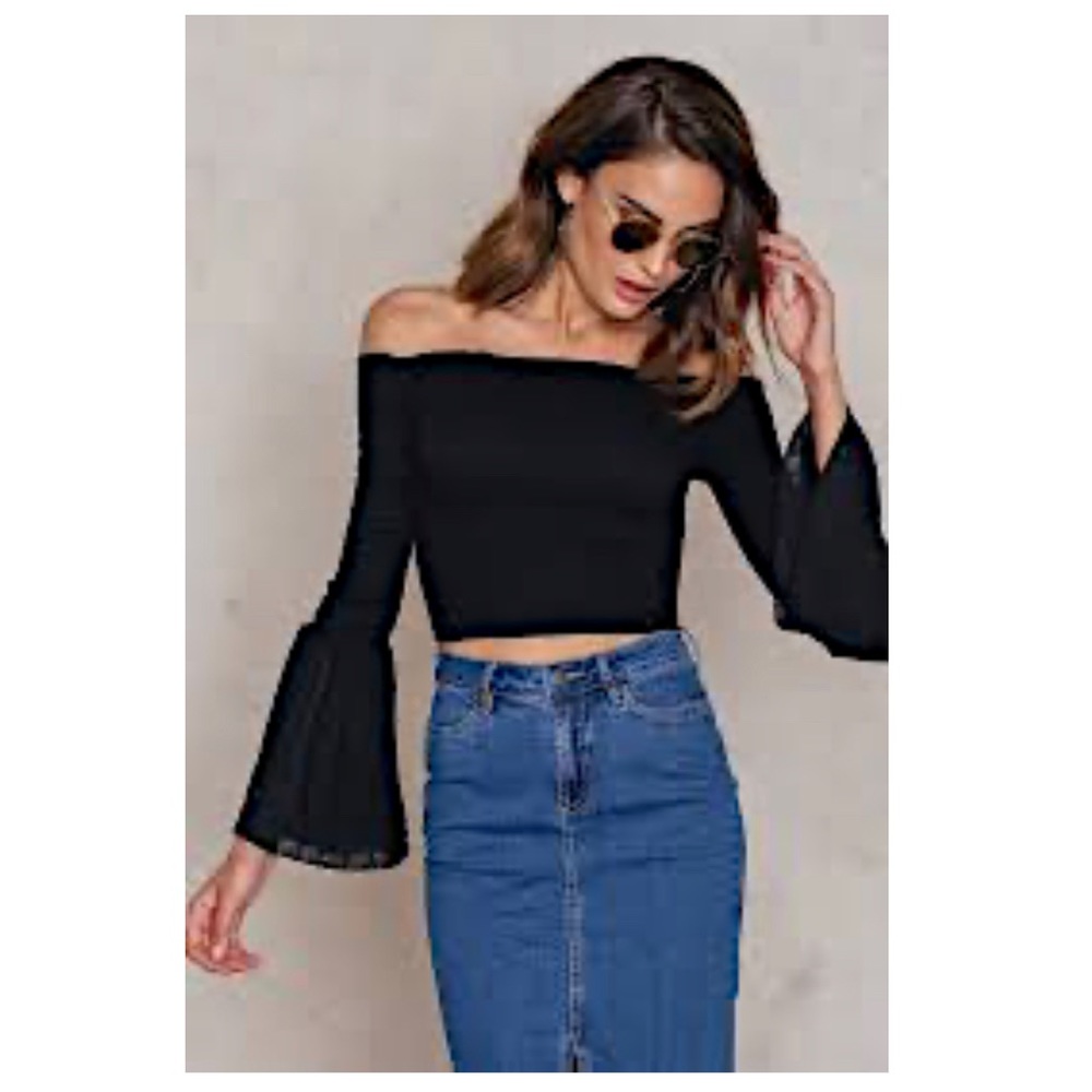 Na-KD smocked off shoulder trumpet sleeve top